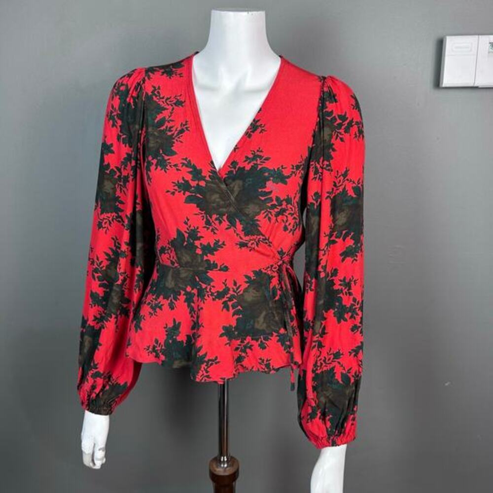 GANNI blouse top Medium red floral peplum wrap balloon feminine whimsigoth